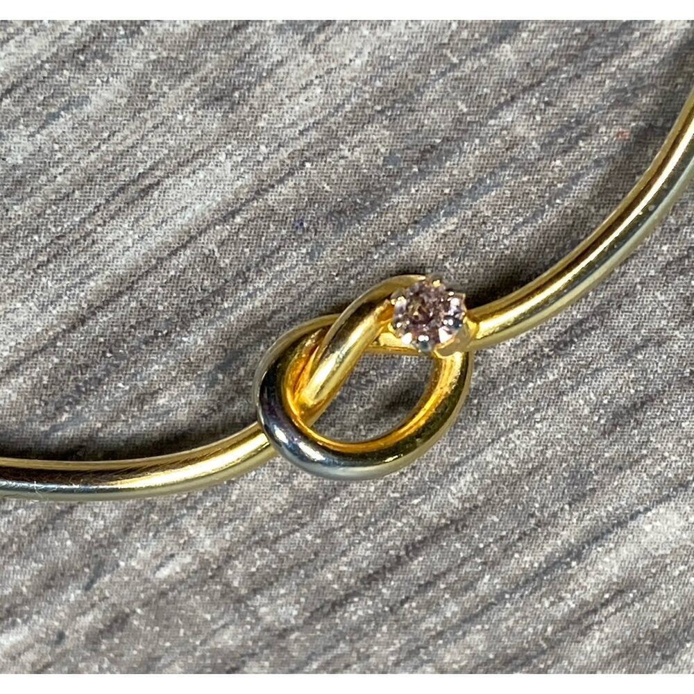 70’s Carlo Biagi Gold Tone Love Knot Purple Rhinestone Curved Bar Necklace 15”